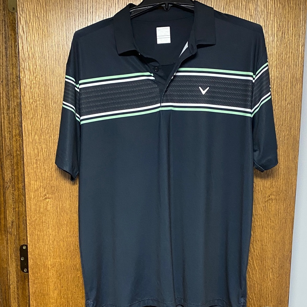 Mens Callaway Black Polo Shirt with White and Green Stripes XL